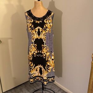 JM Collection Black and Gold Baroque Midi Dress